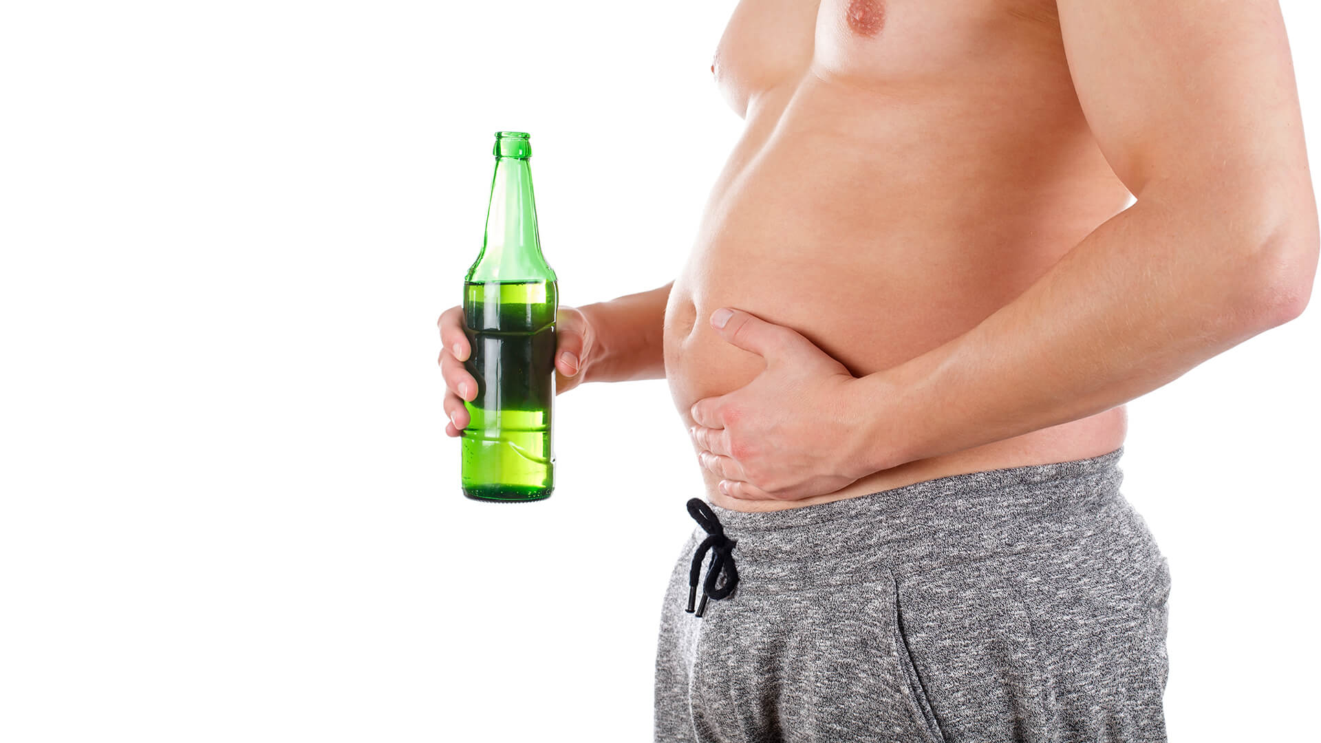 A man with a protruding belly holding a beer bottle, visually representing the connection between visceral fat, alcohol consumption, and obesity-related health risks.