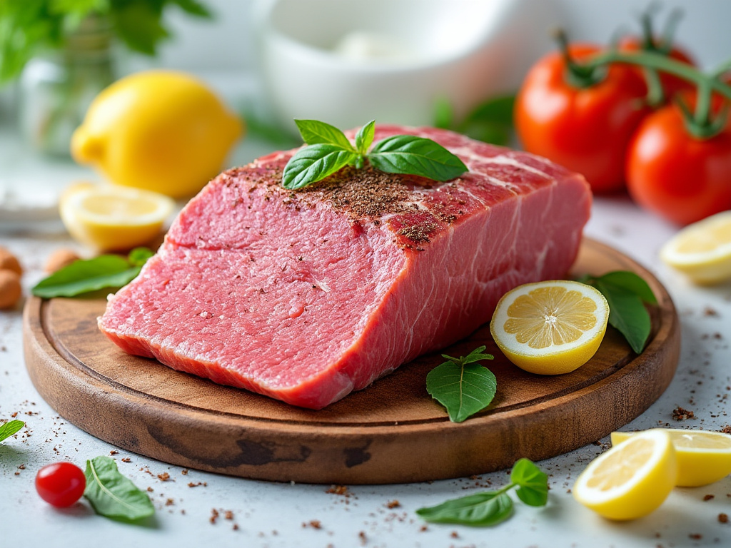A fresh raw steak on a wooden cutting board, surrounded by lemons, tomatoes, and herbs, highlighting protein-rich food sources.