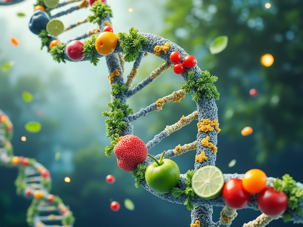 A DNA strand intertwined with fresh fruits and vegetables, symbolizing the genetic influence on nutrient absorption and deficiencies.