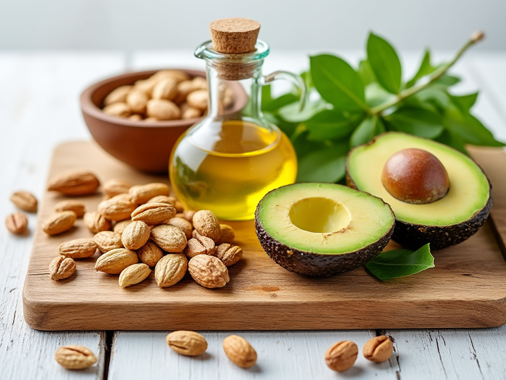 A selection of omega-3-rich foods, including avocados, nuts, and a bottle of olive oil, promoting heart and brain health.