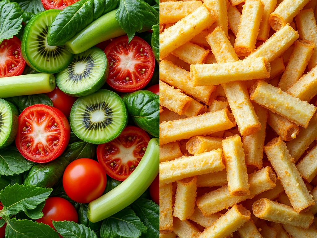 A side-by-side comparison of fresh vegetables and processed fries, showcasing the difference between nutrient-dense and calorie-dense foods.