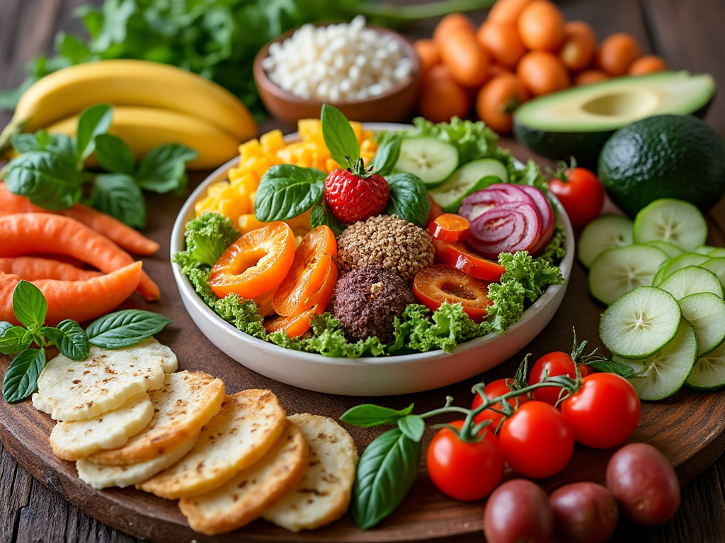 A colorful bowl of fiber-rich foods, including fresh vegetables, whole grains, and nuts, arranged for optimal gut health.