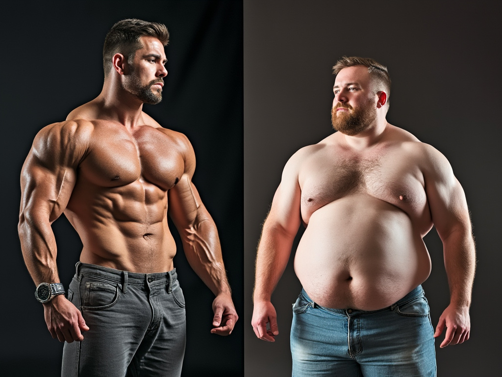 A fit muscular man standing next to an overweight man, visually demonstrating the difference in body composition and fat-to-muscle ratio.