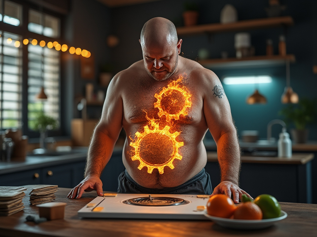 A muscular man looking down at his stomach, with glowing metabolic gears superimposed on his body, symbolizing metabolism and energy production.