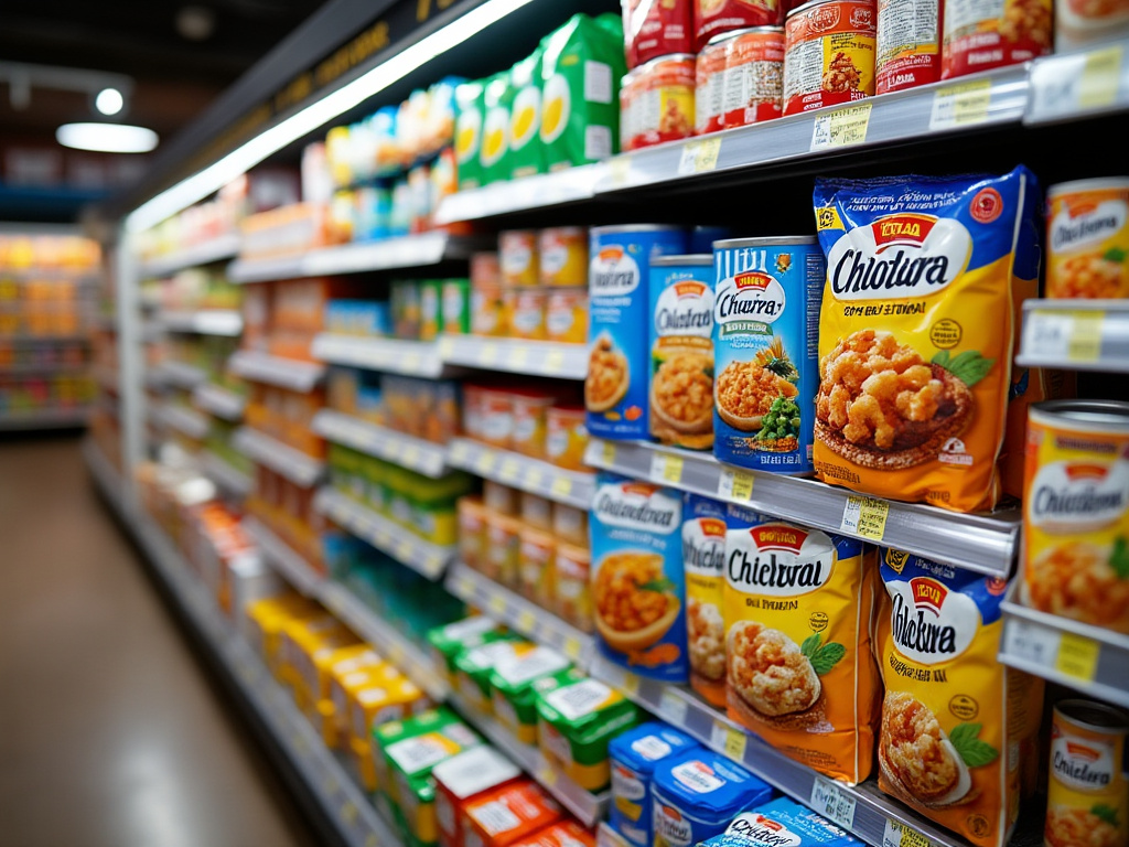 A supermarket aisle filled with colorful boxes of ultra-processed foods, symbolizing the widespread availability of unhealthy packaged products.