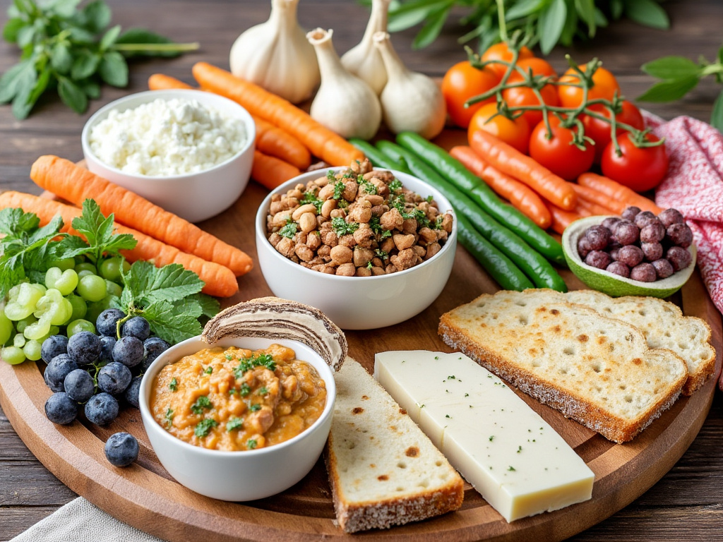 Colorful FODMAPs-friendly spread featuring carrots, chickpeas, cheese slices, and fresh fruits on a wooden board