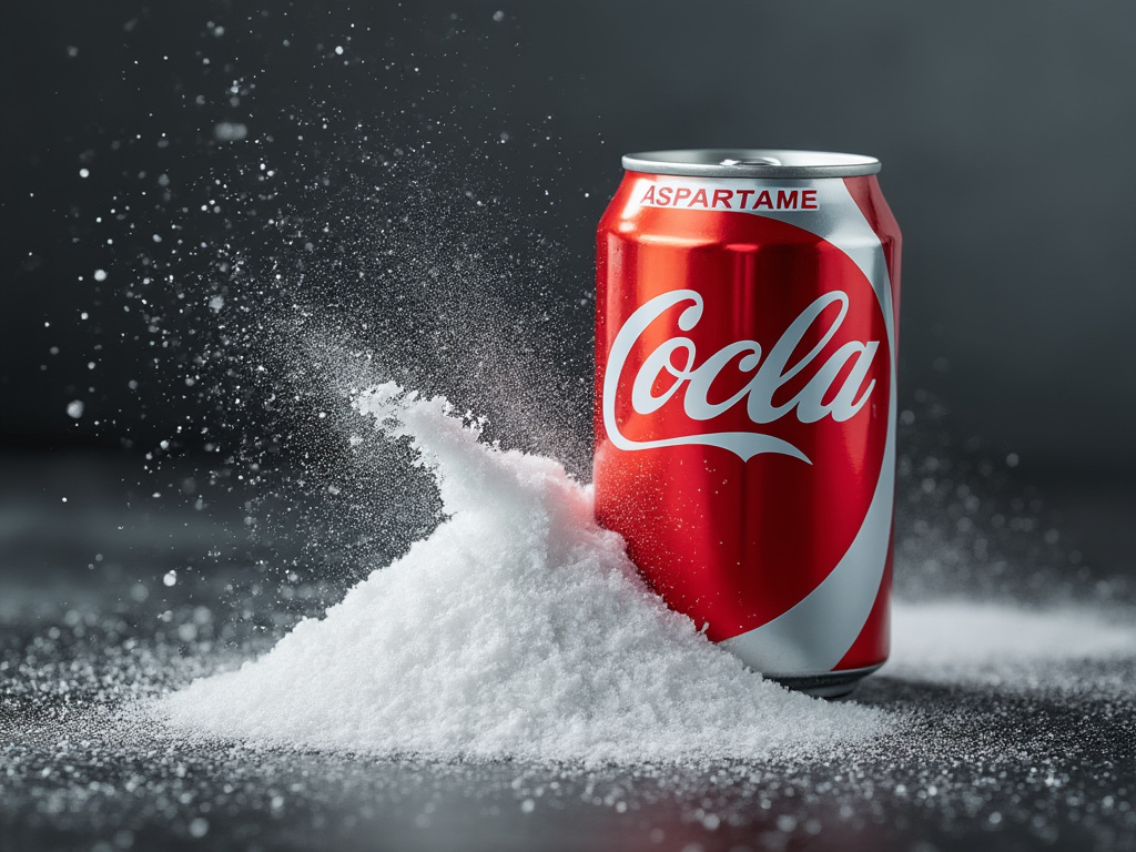 A Coca-Cola can placed on a surface covered in white powder, symbolizing the controversial health effects of aspartame and artificial sweeteners.