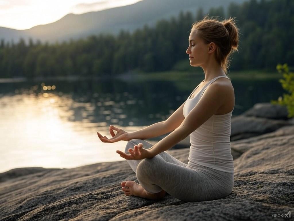 A woman practicing meditation by a calm lake, symbolizing mindfulness as a tool for building self-discipline in health and fitness.