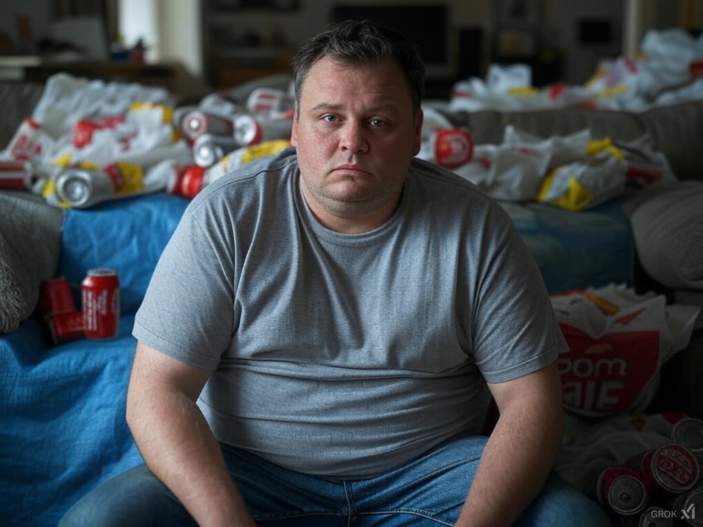 A middle-aged man in a gray t-shirt sitting in a dimly lit room, looking fatigued, representing the struggles of a slow metabolism and weight management.